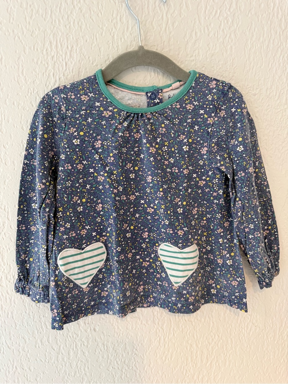 Baby Boden Navy Floral Long Sleeve Top with Mint Trim